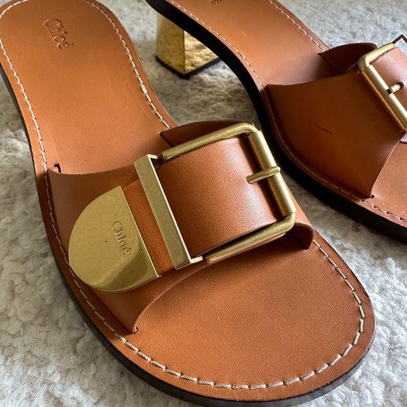 Chloe Rebeca 70 Brown Slide Sandals with Gold Buckle. Size 8 1/2. - Picture 3 of 6
